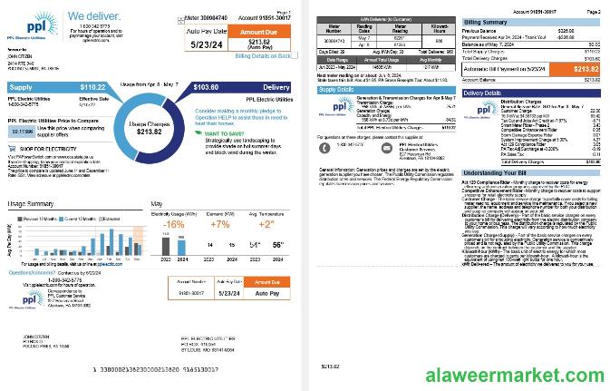USA Pennsylvania PPL electric utility bill, 3 pages